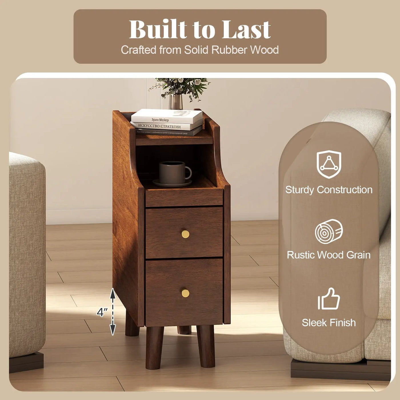 Solid Wood End Table Narrow Bedside Table with Pull-out Tray and 2 Storage Drawers-Brown by DirectDeals