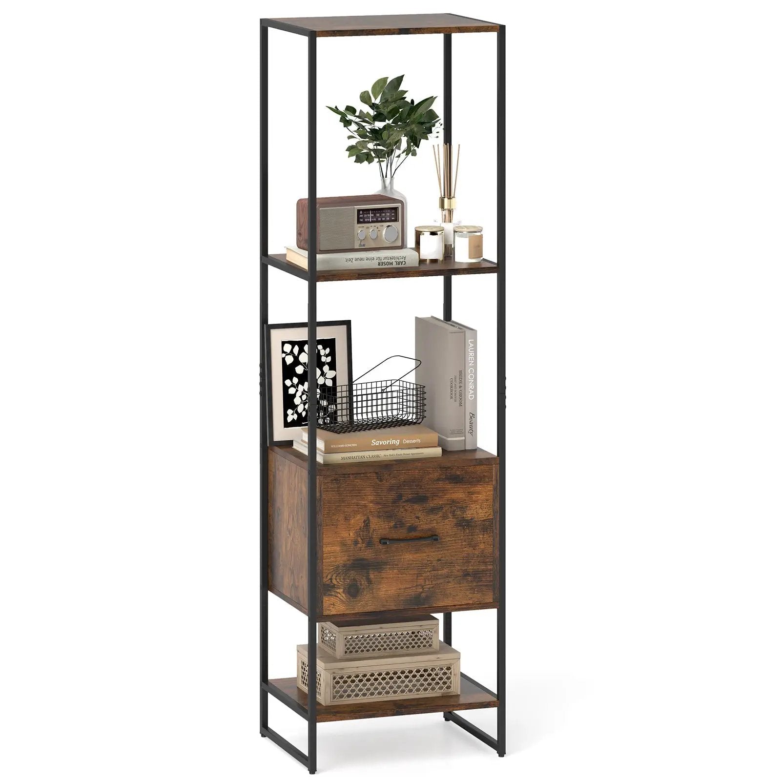 5-Tier Narrow Bookcase with 4 Open Shelves and Storage Drawer by DirectDeals