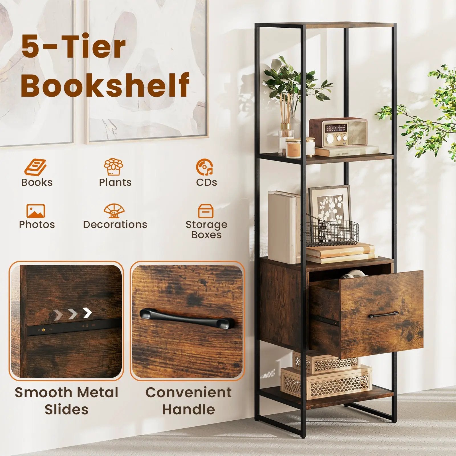 5-Tier Narrow Bookcase with 4 Open Shelves and Storage Drawer by DirectDeals