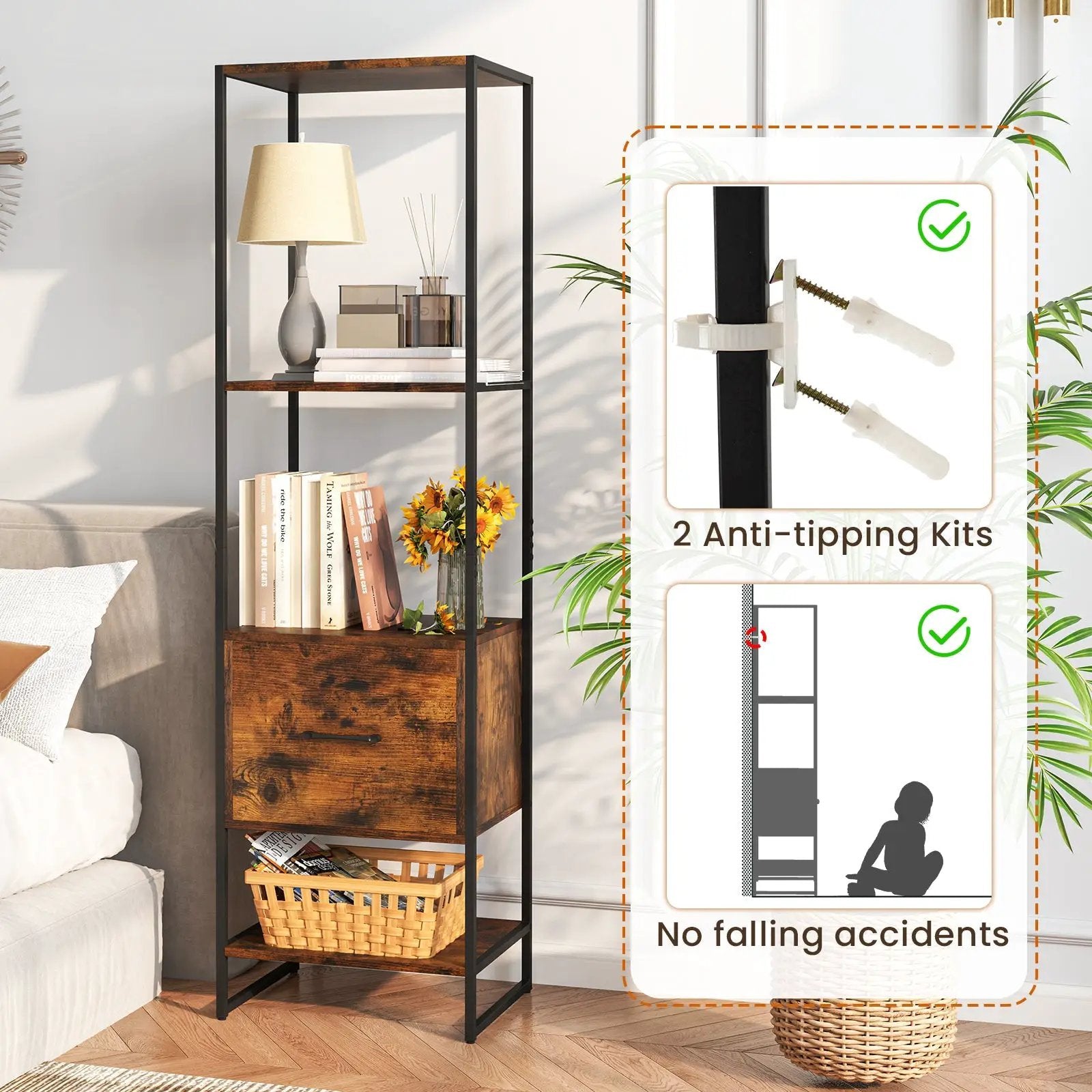 5-Tier Narrow Bookcase with 4 Open Shelves and Storage Drawer by DirectDeals