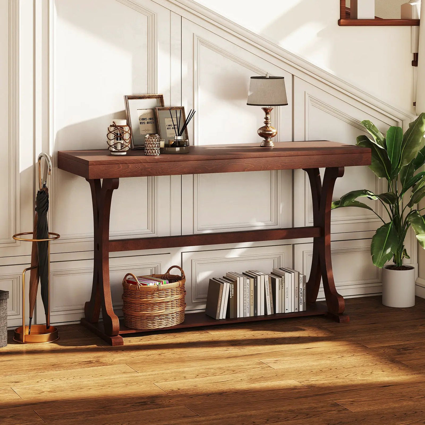 Narrow Console Table Vintage 52 Inch Long with Open Storage Shelf by DirectDeals