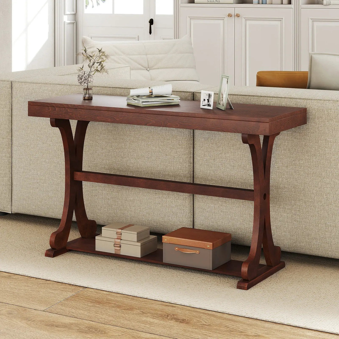 Narrow Console Table Vintage 52 Inch Long with Open Storage Shelf by DirectDeals