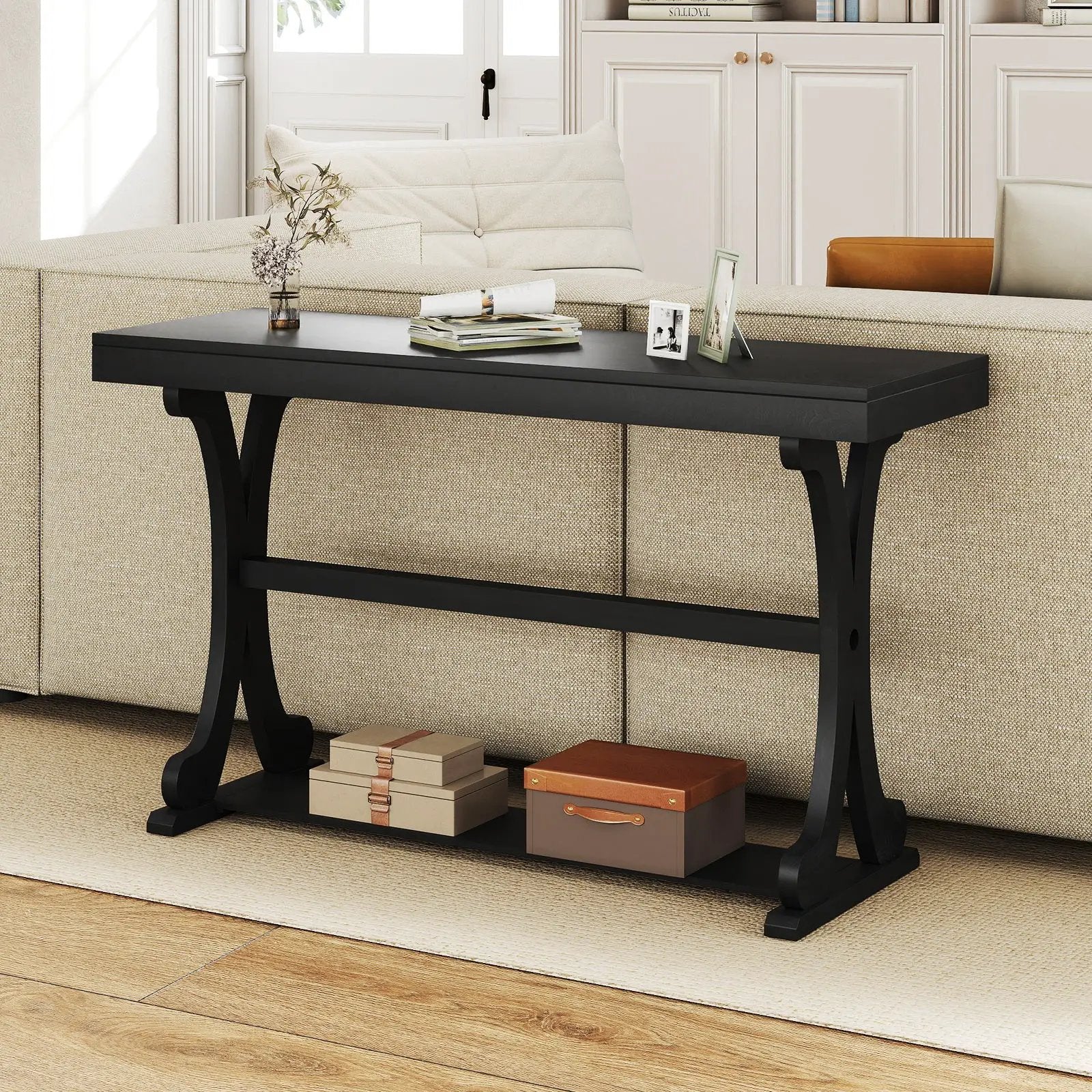 Narrow Console Table Vintage 52 Inch Long with Open Storage Shelf by DirectDeals