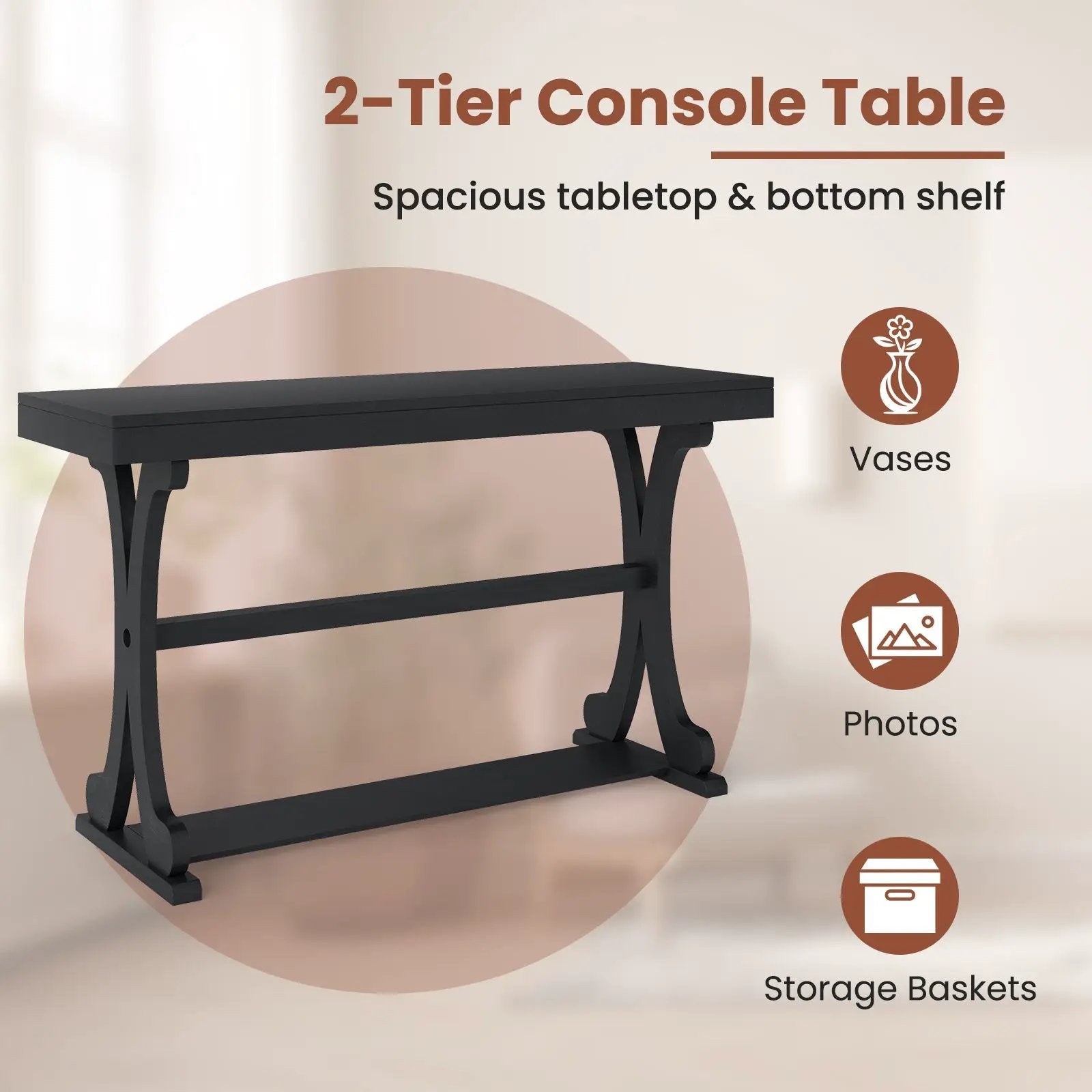 Narrow Console Table Vintage 52 Inch Long with Open Storage Shelf by DirectDeals