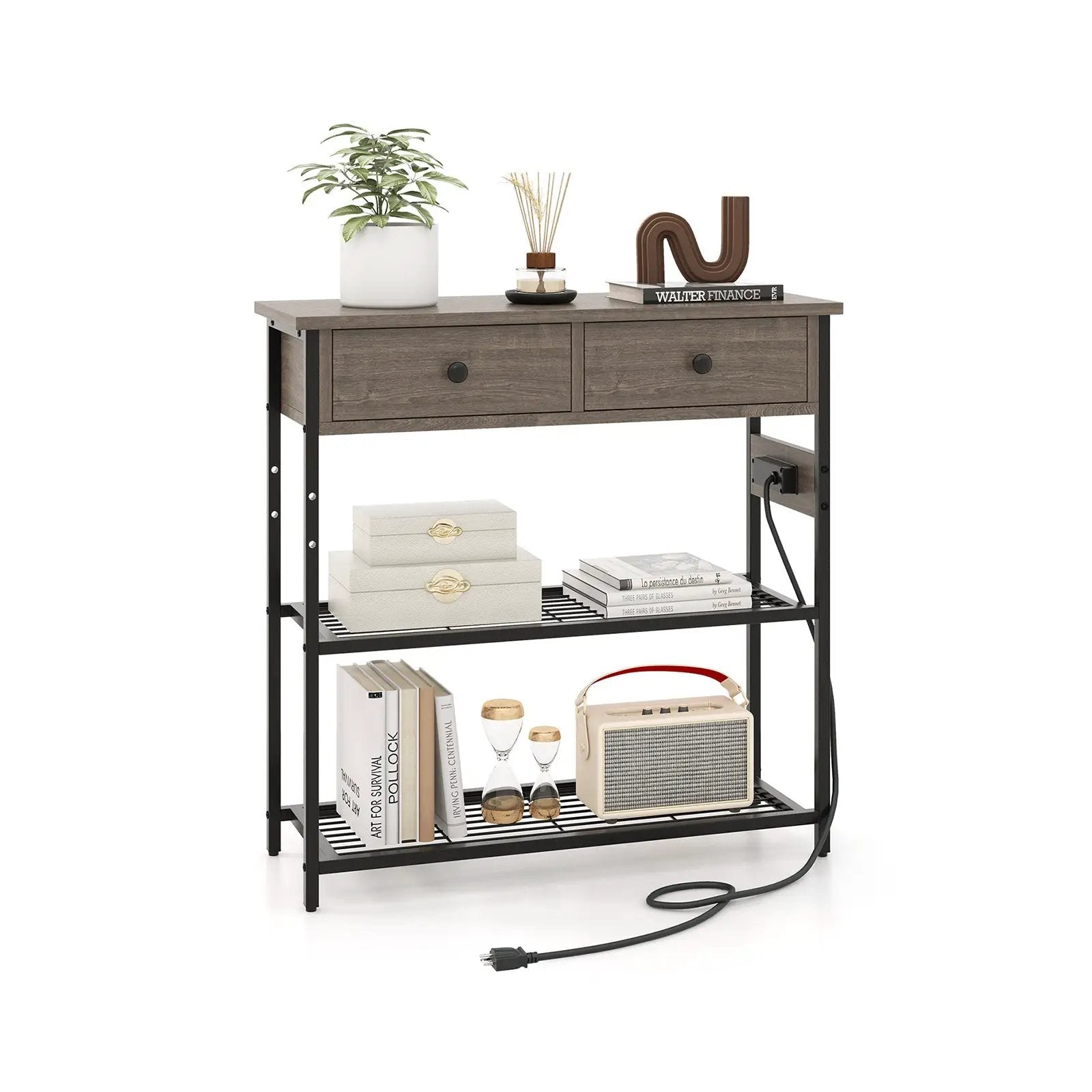 Narrow Console Table with 2 Drawers and 2 Metal Mesh Shelves by DirectDeals