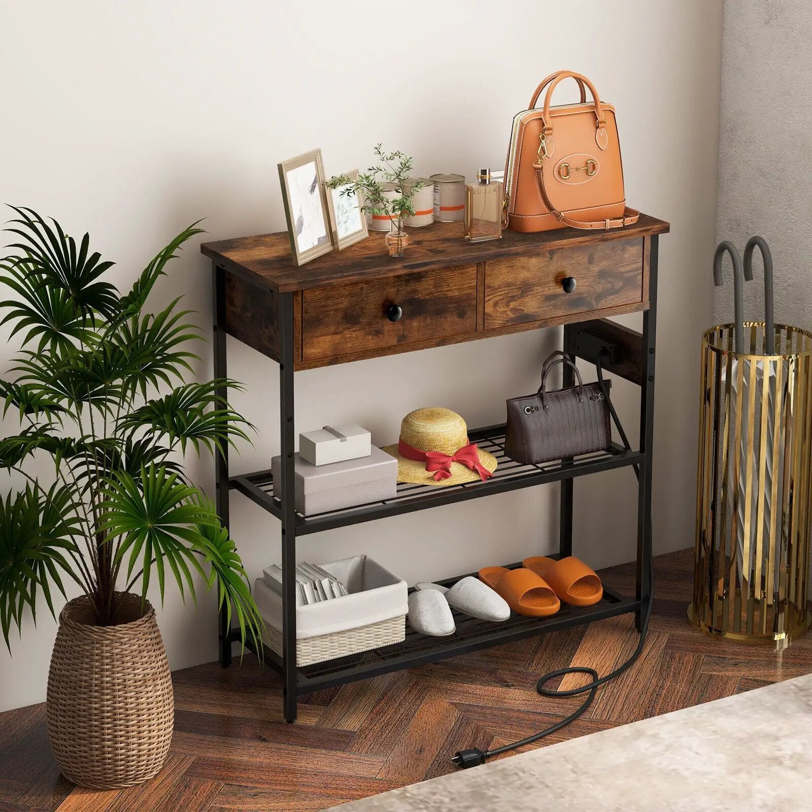 Narrow Console Table with 2 Drawers and 2 Metal Mesh Shelves by DirectDeals