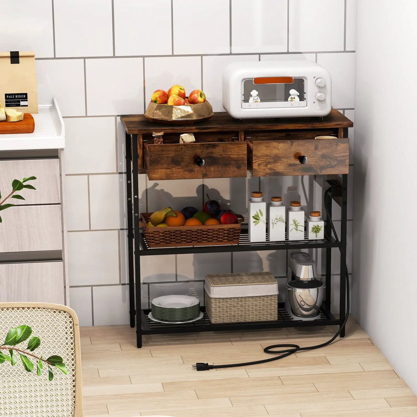 Narrow Console Table with 2 Drawers and 2 Metal Mesh Shelves by DirectDeals