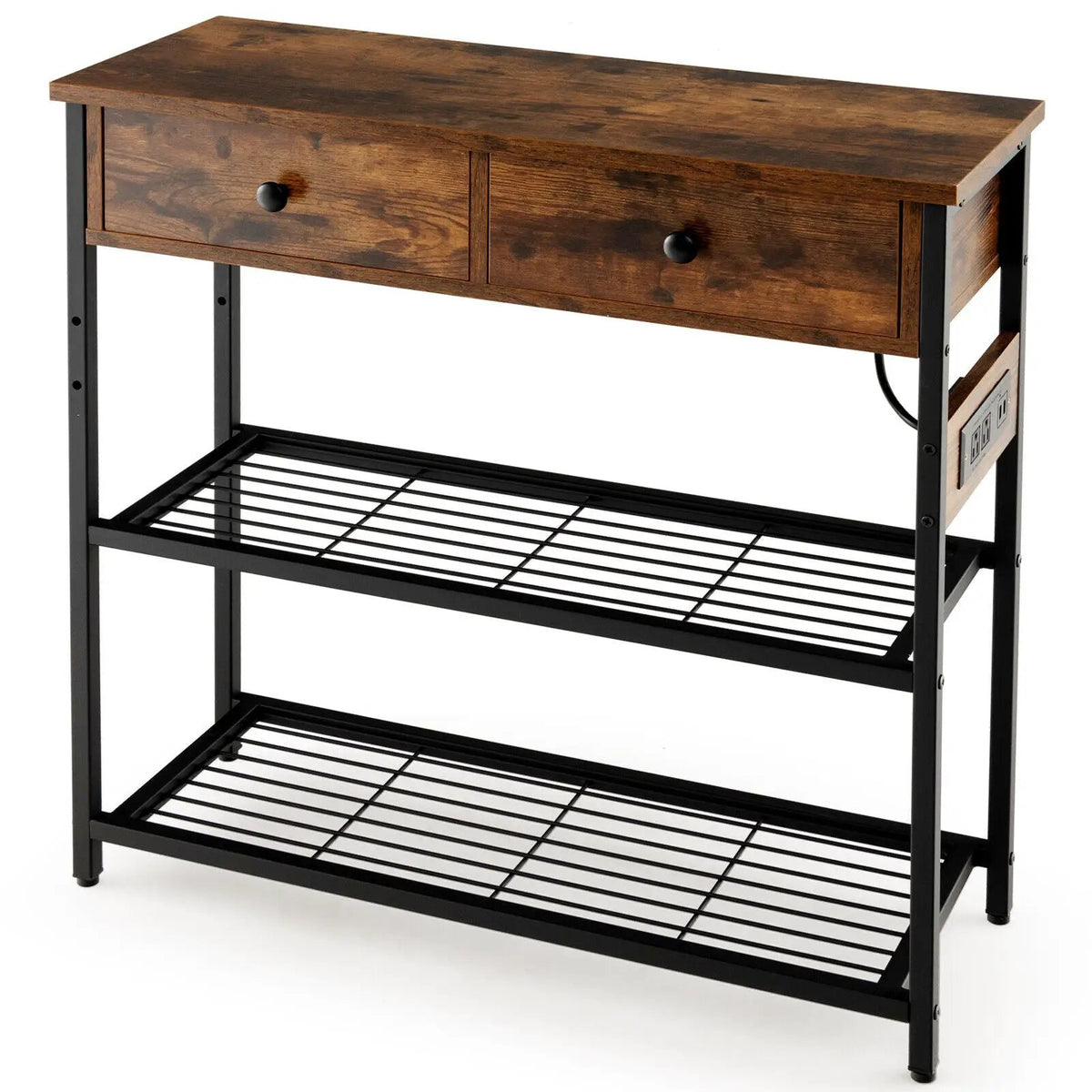 Narrow Console Table with 2 Drawers and 2 Metal Mesh Shelves by DirectDeals