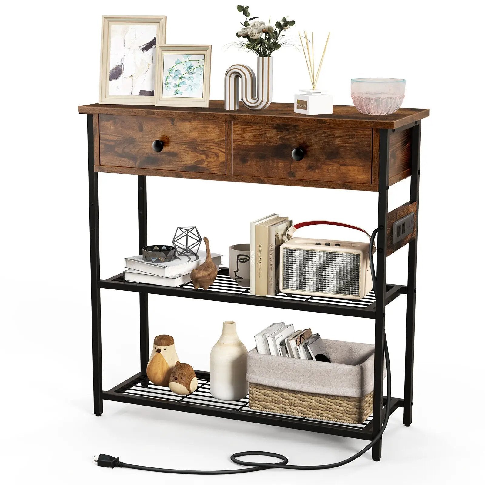Narrow Console Table with 2 Drawers and 2 Metal Mesh Shelves by DirectDeals