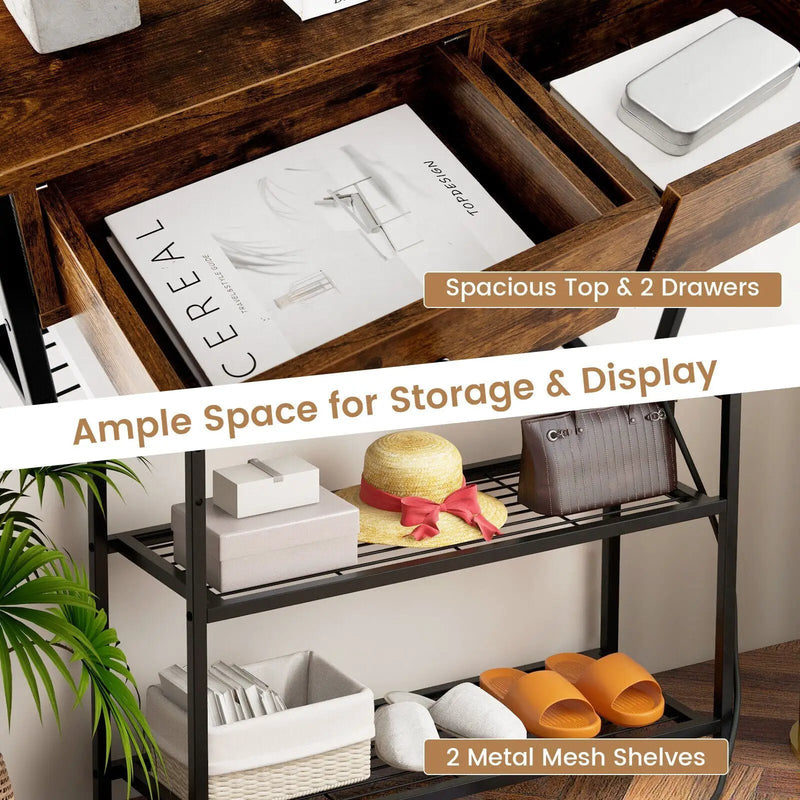 Narrow Console Table with 2 Drawers and 2 Metal Mesh Shelves by DirectDeals