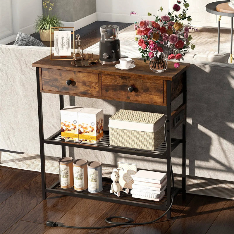 Narrow Console Table with 2 Drawers and 2 Metal Mesh Shelves by DirectDeals