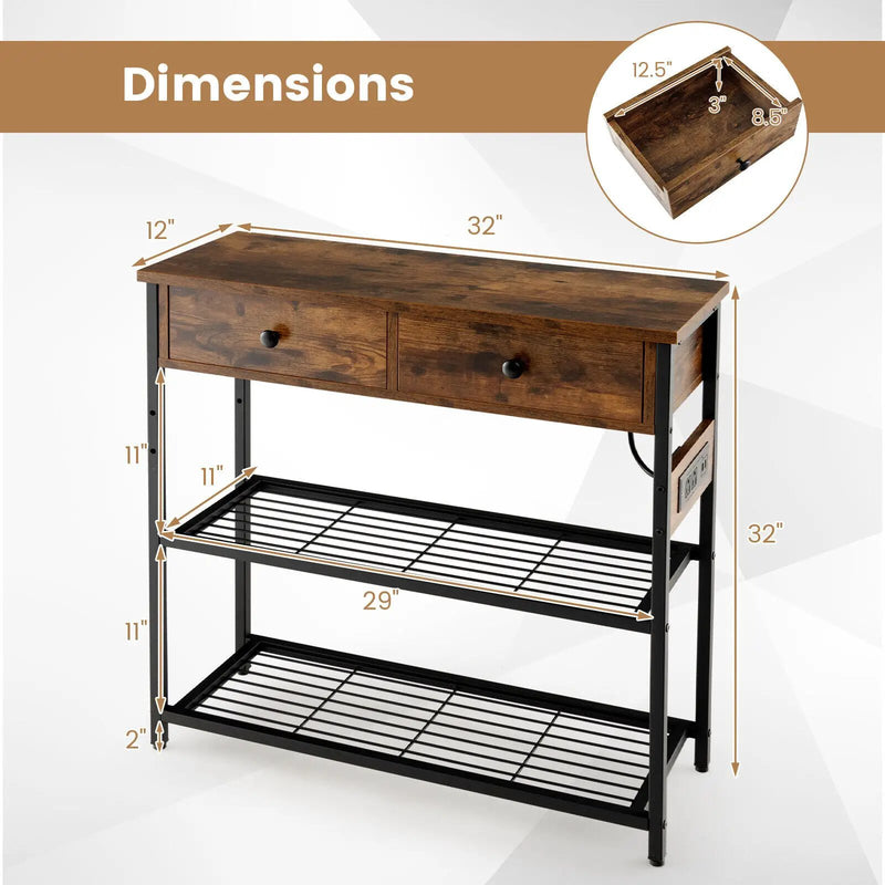 Narrow Console Table with 2 Drawers and 2 Metal Mesh Shelves by DirectDeals