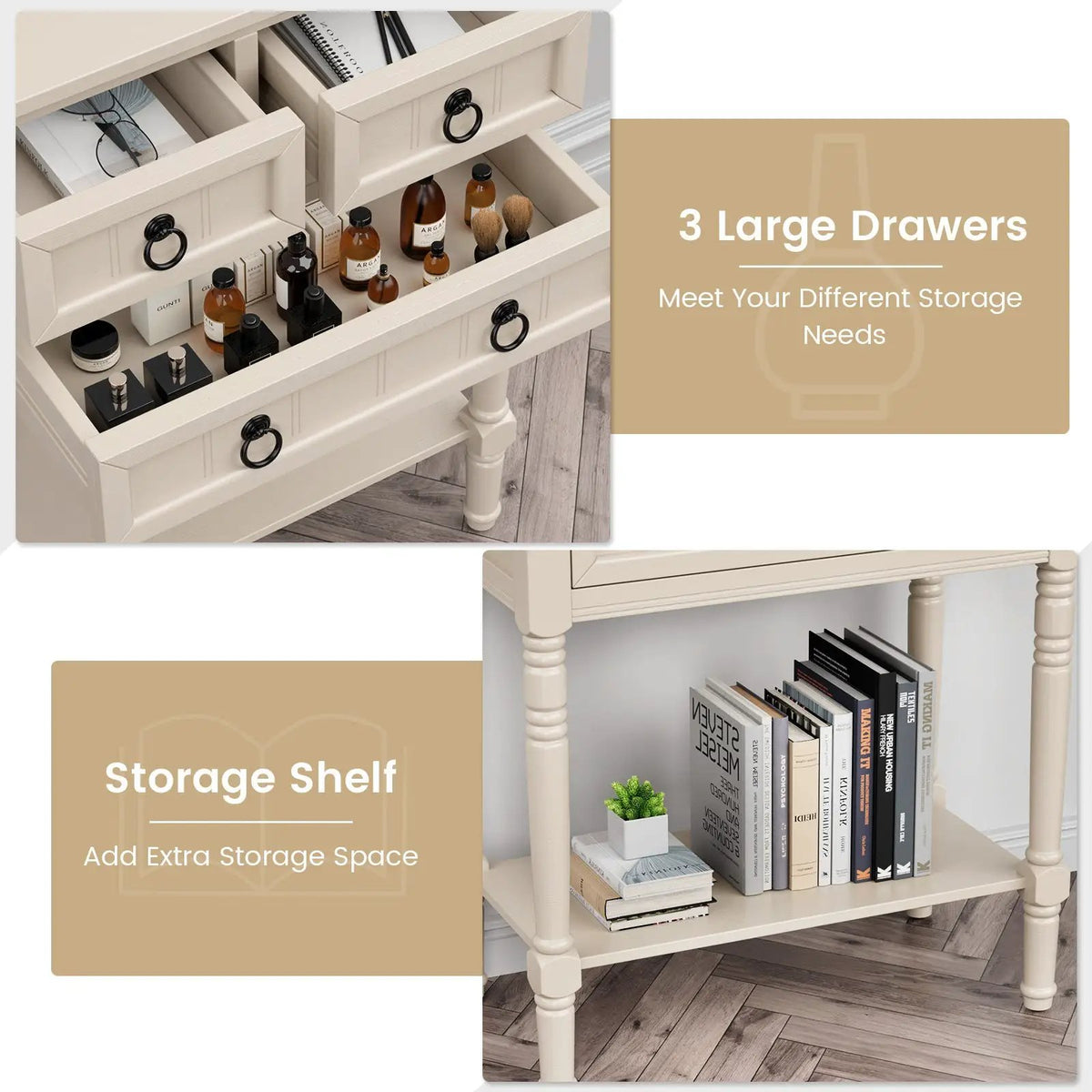 Narrow Console Table with 3 Storage Drawers and Open Bottom Shelf by DirectDeals