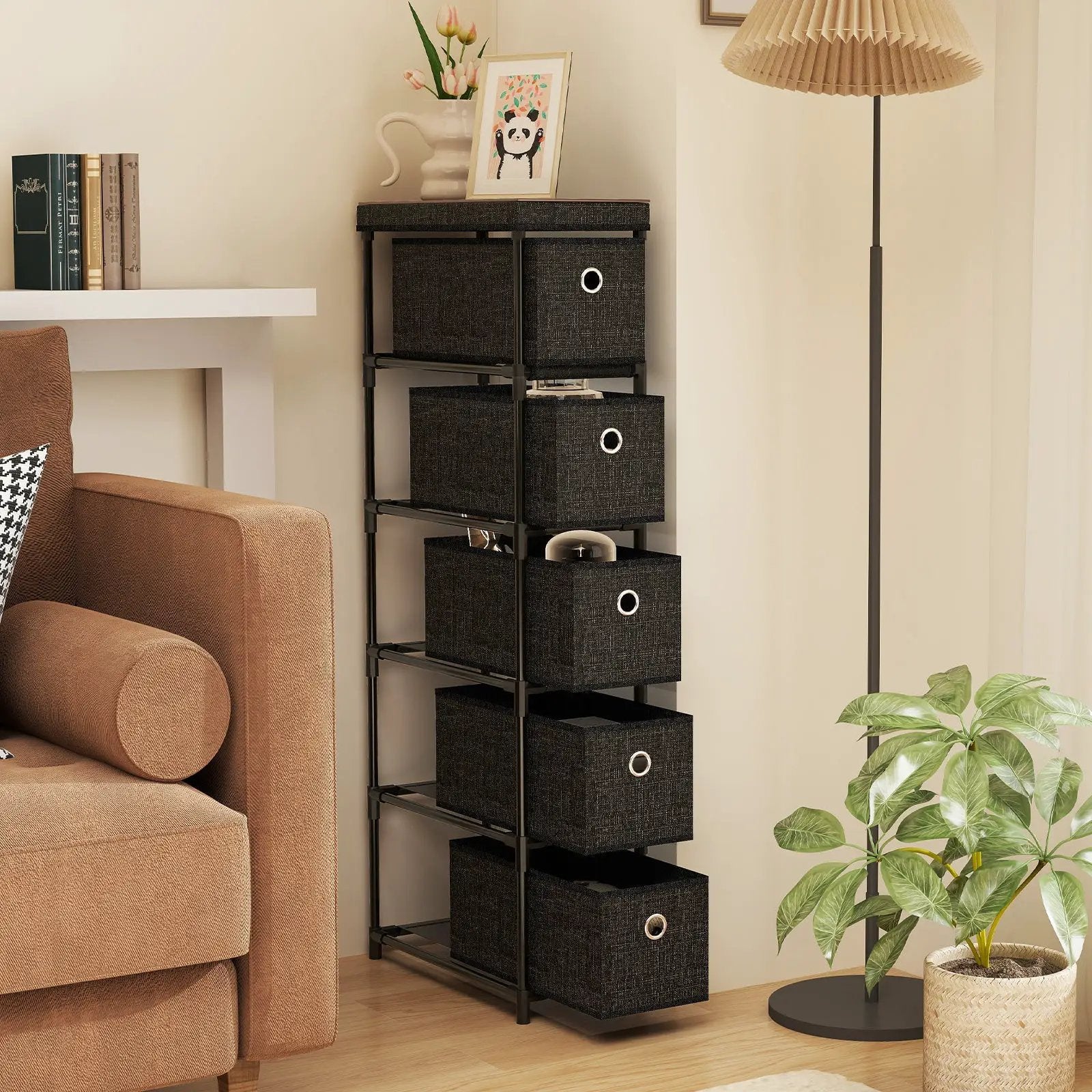 Narrow Dresser with 5 Drawers Slim Storage Tower with Metal Frame-Black by DirectDeals