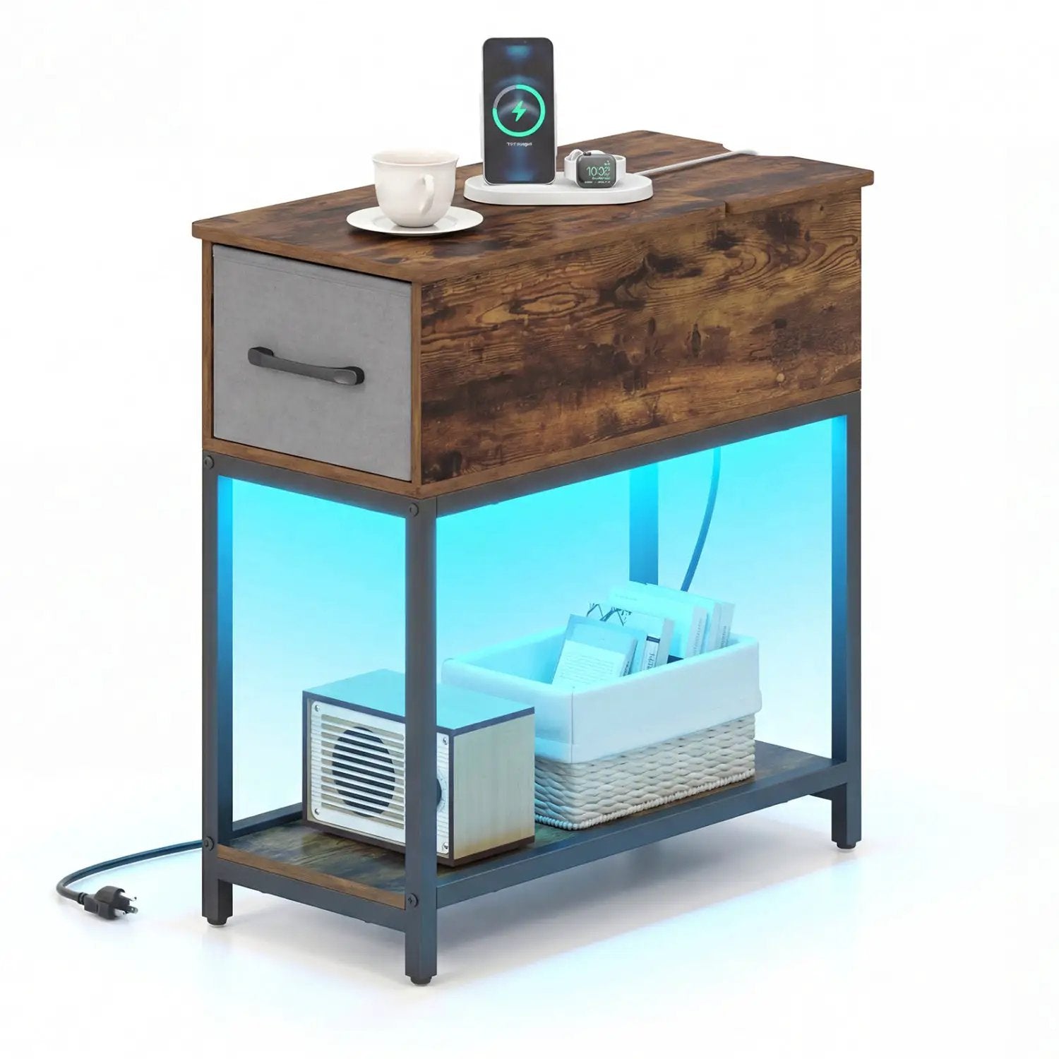 Narrow Side Table with Charging Station and LED Lights Industrial End Table-Brown by DirectDeals