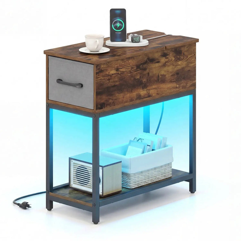 Narrow Side Table with Charging Station and LED Lights Industrial End Table-Brown by DirectDeals