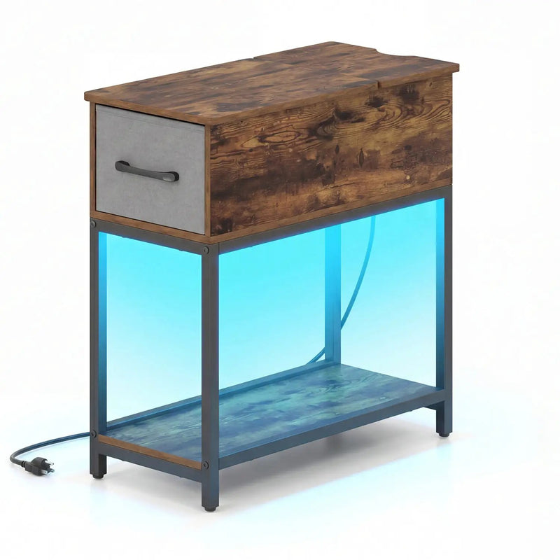 Narrow Side Table with Charging Station and LED Lights Industrial End Table-Brown by DirectDeals