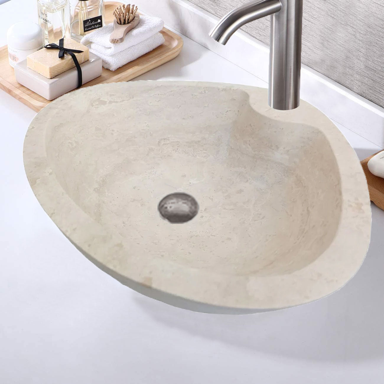 Natural Stone Light Travertine Special Shape Vessel Sink Honed and Filled (W)23,6" (L)17,7" (H)5.9" by GobekDesign