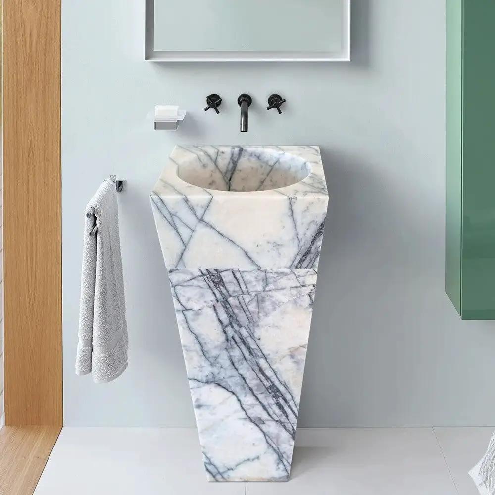 Turkish White Marble Sculptural Pedestal Cone Shaped Sink - Hand Polished 16x16x36 by GobekDesign