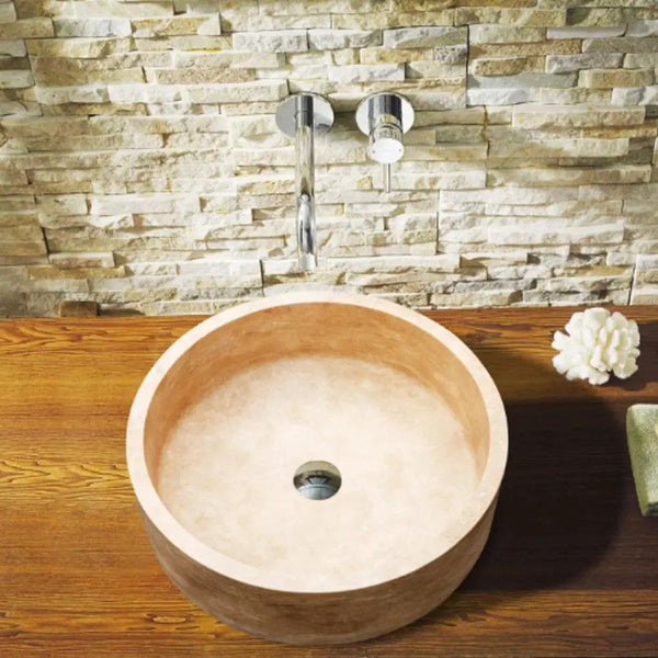 Travertine Natural Stone Handcrafted Round Vessel Sink 16 Inch