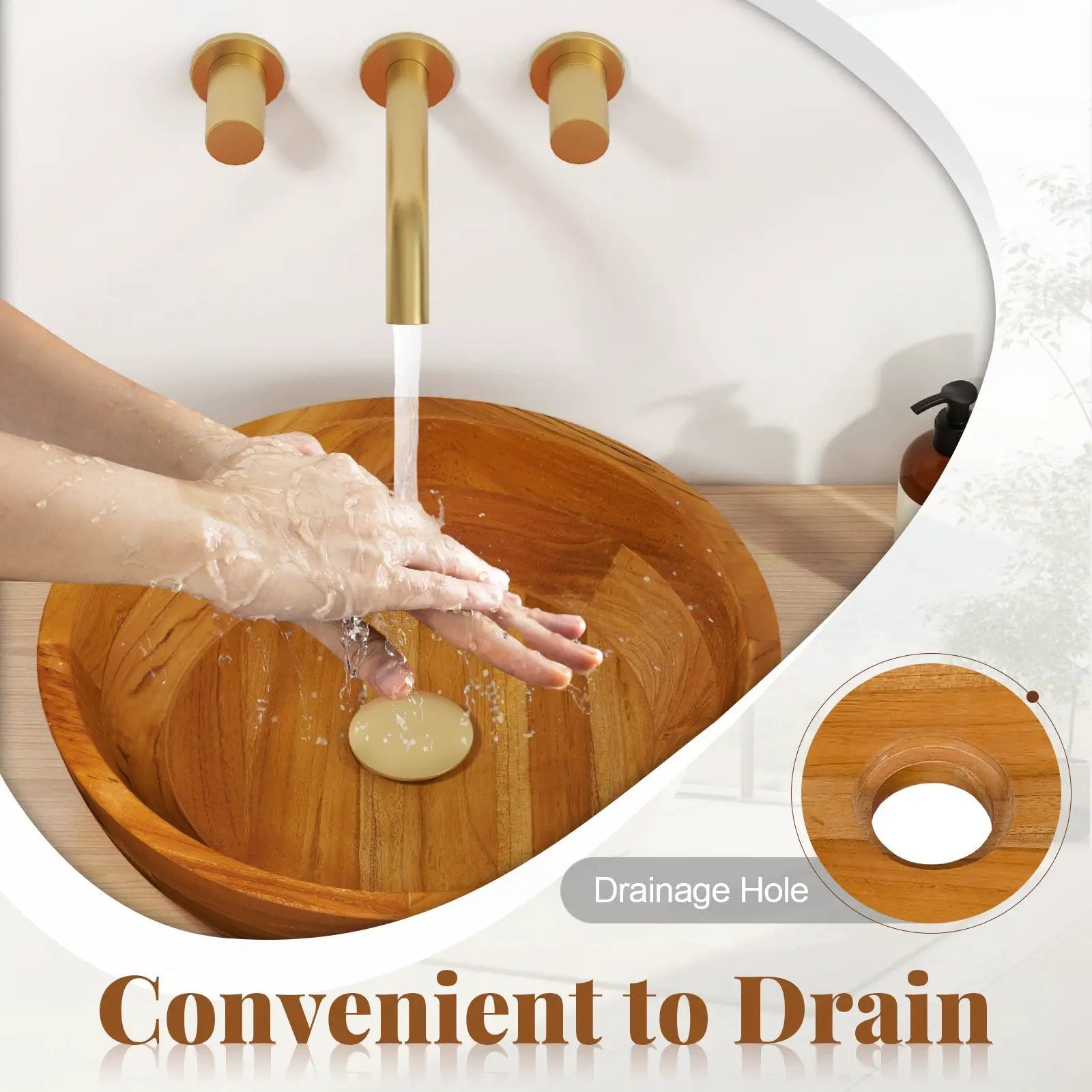 16 Inch Teak Wood Washbasin with Drainage Hole and Rounded Corners by DirectDeals