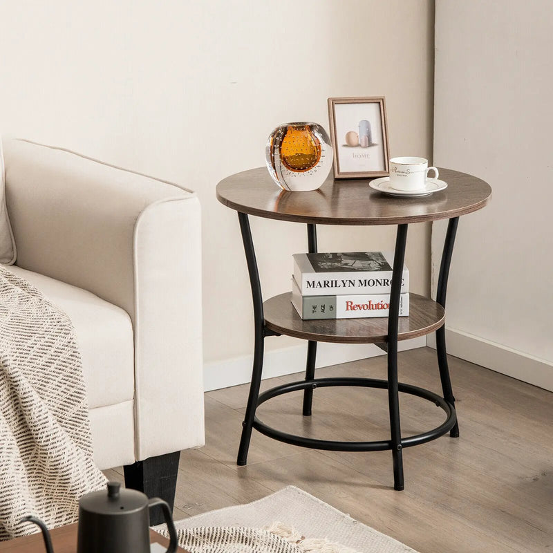 2-Tier Round End Table with Open Storage Shelf and Sturdy Metal Frame by DirectDeals
