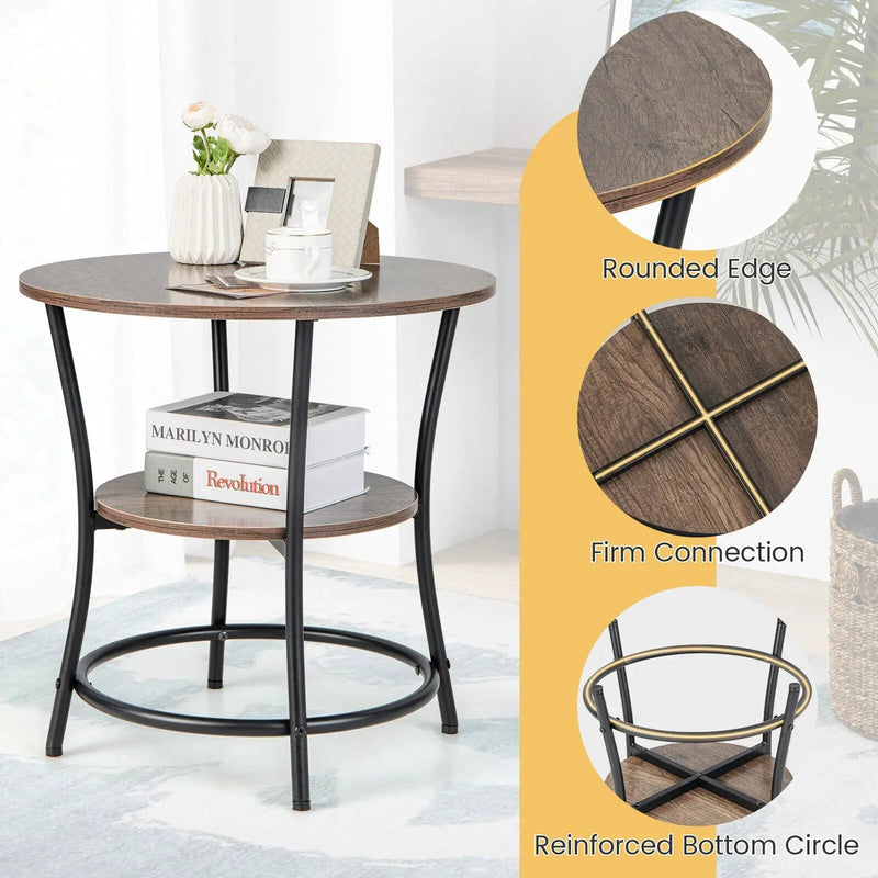 2-Tier Round End Table with Open Storage Shelf and Sturdy Metal Frame by DirectDeals