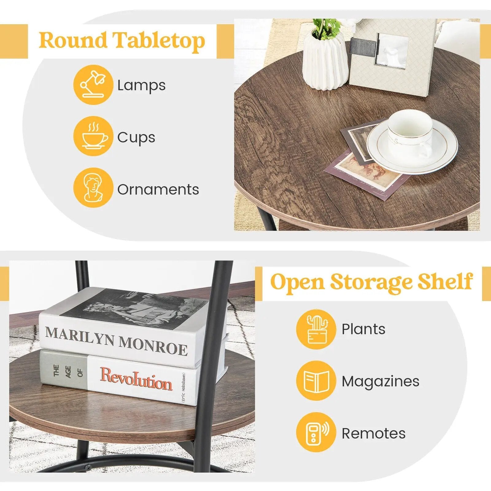 2-Tier Round End Table with Open Storage Shelf and Sturdy Metal Frame by DirectDeals
