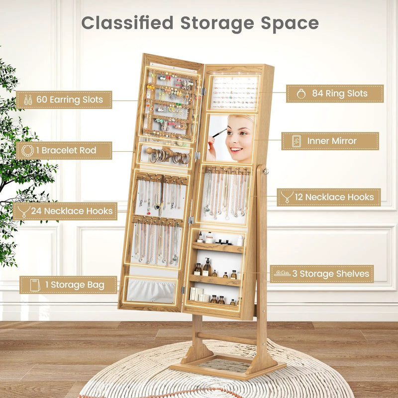 Freestanding Lockable Jewelry Armoire with Full-Length Mirror and 6 LED Lights by DirectDeals