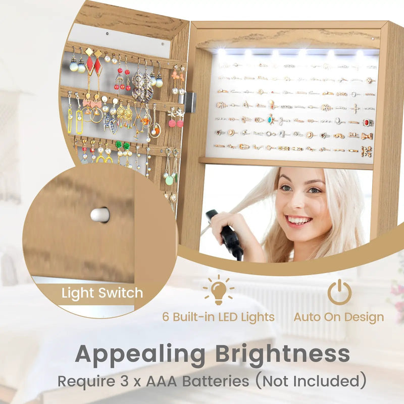 Freestanding Lockable Jewelry Armoire with Full-Length Mirror and 6 LED Lights by DirectDeals