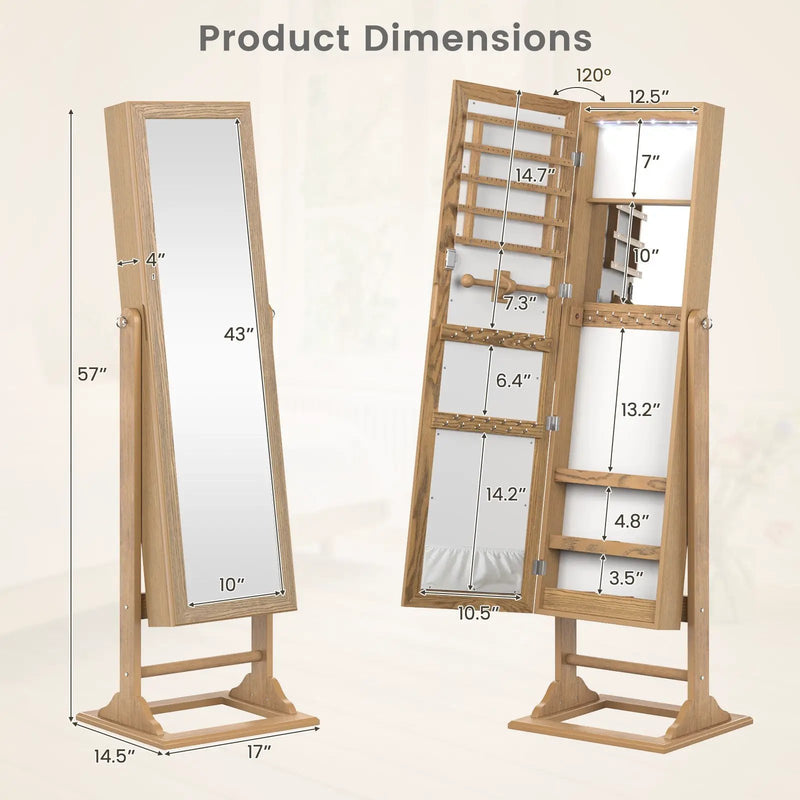 Freestanding Lockable Jewelry Armoire with Full-Length Mirror and 6 LED Lights by DirectDeals