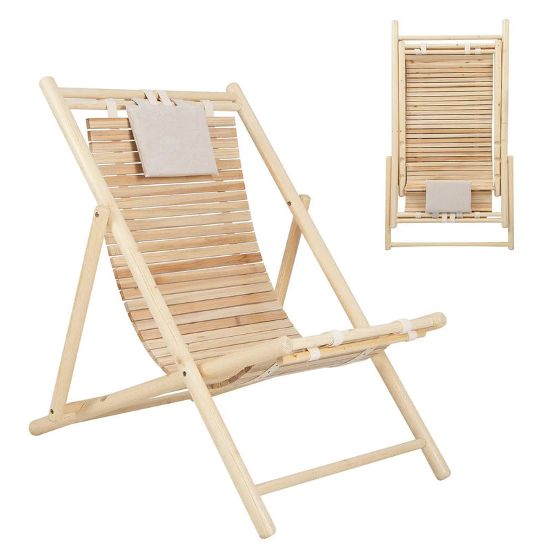 Solid Fir Wood Lounge Chair with 3-Level Adjustable Backrest and Soft Padded Headrest-Natural by DirectDeals