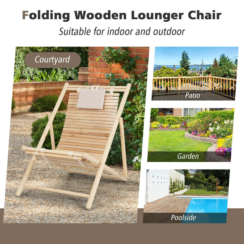 Solid Fir Wood Lounge Chair with 3-Level Adjustable Backrest and Soft Padded Headrest-Natural by DirectDeals