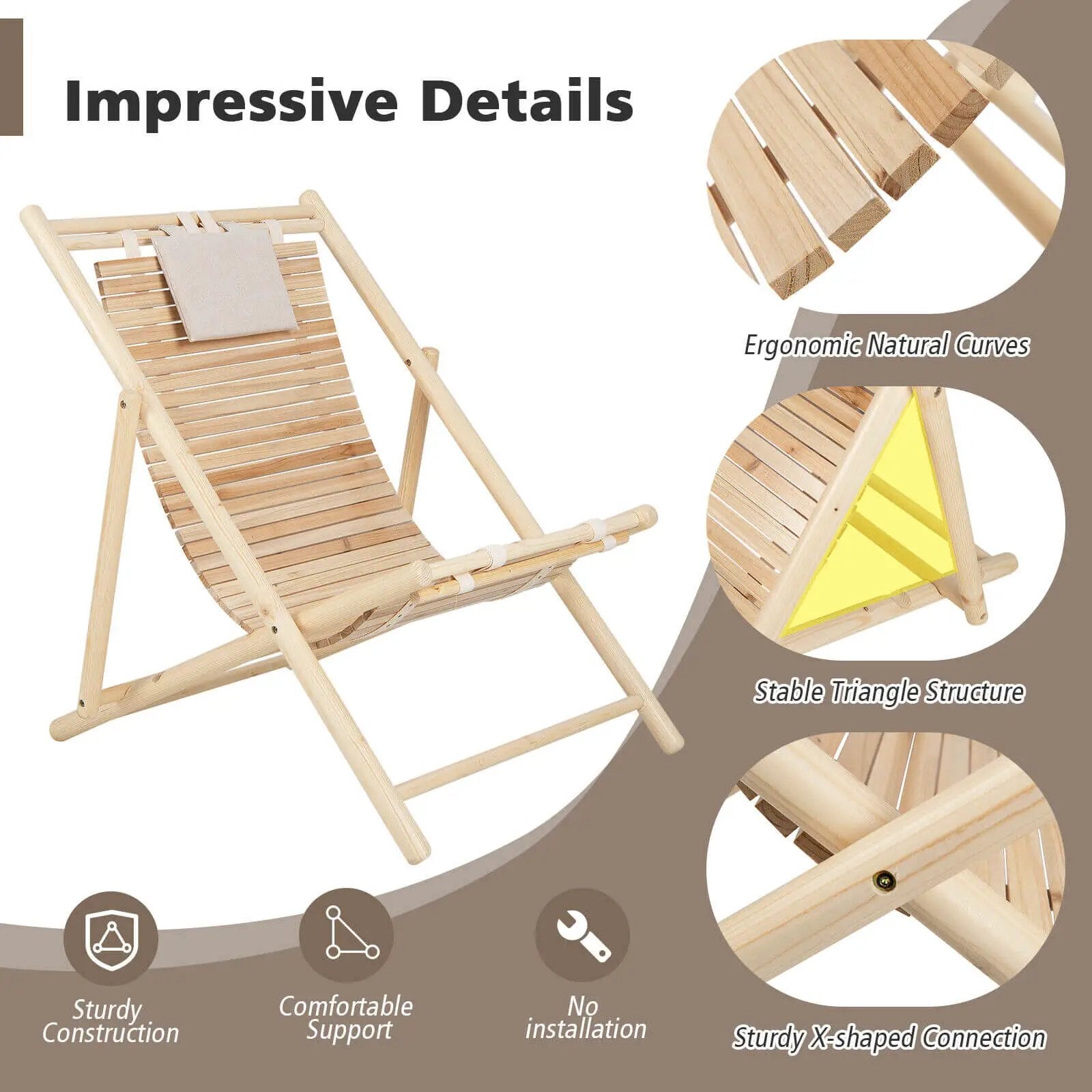 Solid Fir Wood Lounge Chair with 3-Level Adjustable Backrest and Soft Padded Headrest-Natural by DirectDeals