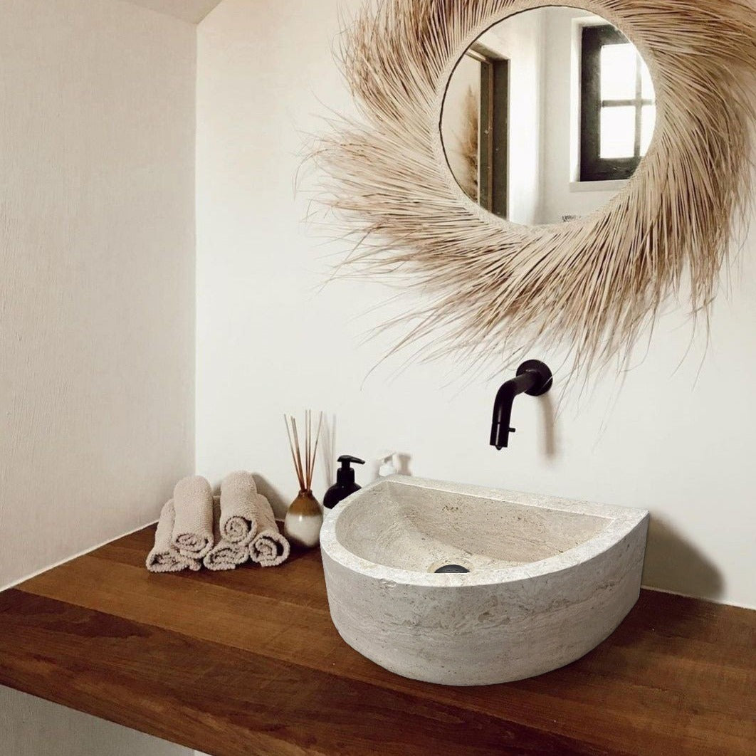 Natural Stone Deep Half Light Travertine Special Design Vessel Sink Honed and Filled (W)10" (L)16.3" (H)4.5" by GobekDesign