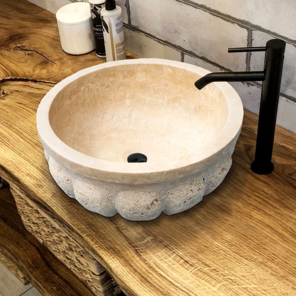 Light Travertine Pumpkin Shaped Vessel Sink Honed Natural Stone 16 x 6 Inches by GobekDesign