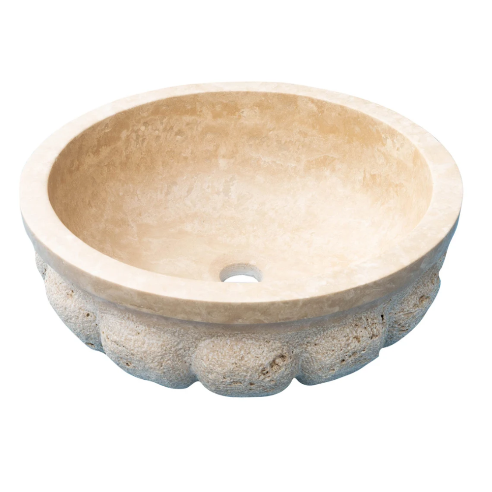 Light Travertine Pumpkin Shaped Vessel Sink Honed Natural Stone 16 x 6 Inches by GobekDesign