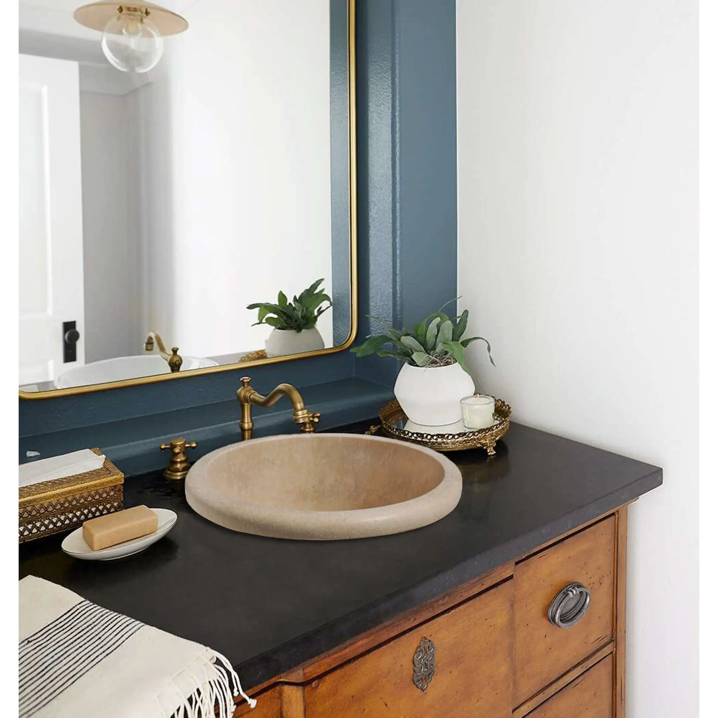 Turkish Travertine Light Beige Vessel Sink 14 x 6 Inch - Handcrafted Natural Stone by GobekDesign