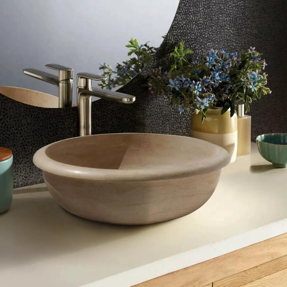 Natural Stone Light Travertine Round Vessel Sink - Drop In 16 by GobekDesign