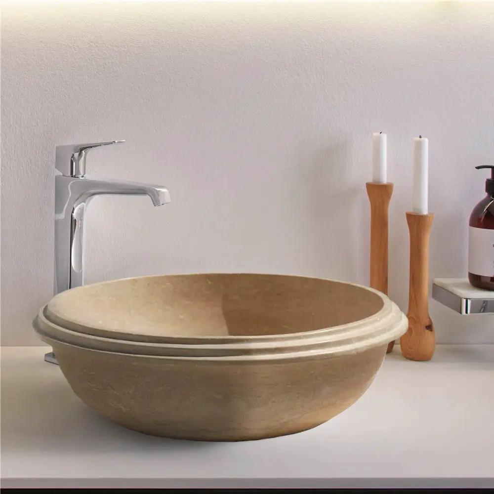 Light Travertine Vessel Sink Natural Stone Stripe Edge 16 Inch Diameter 6 Inch by GobekDesign