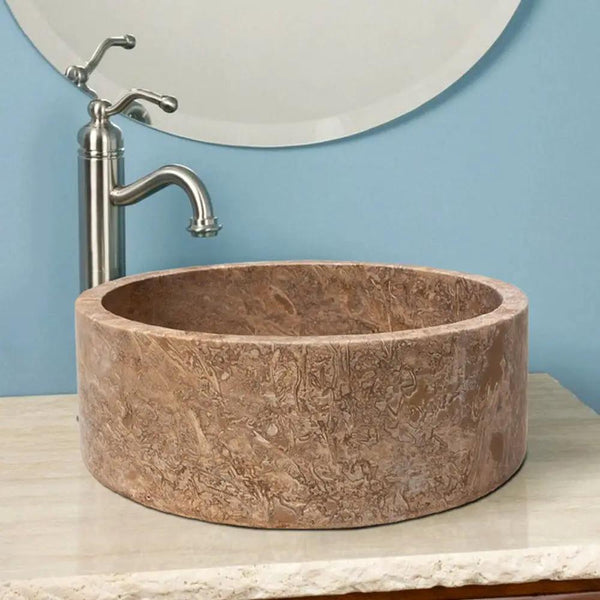 Noce Brown Natural Stone Travertine Vessel Sink 16 Inch Diameter 6 Inch Height Above Counter