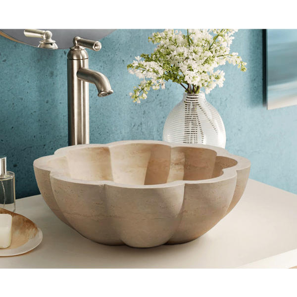 Turkish Travertine Pumpkin Shaped Vessel Sink - Handcrafted Natural Stone 16x6 Inches
