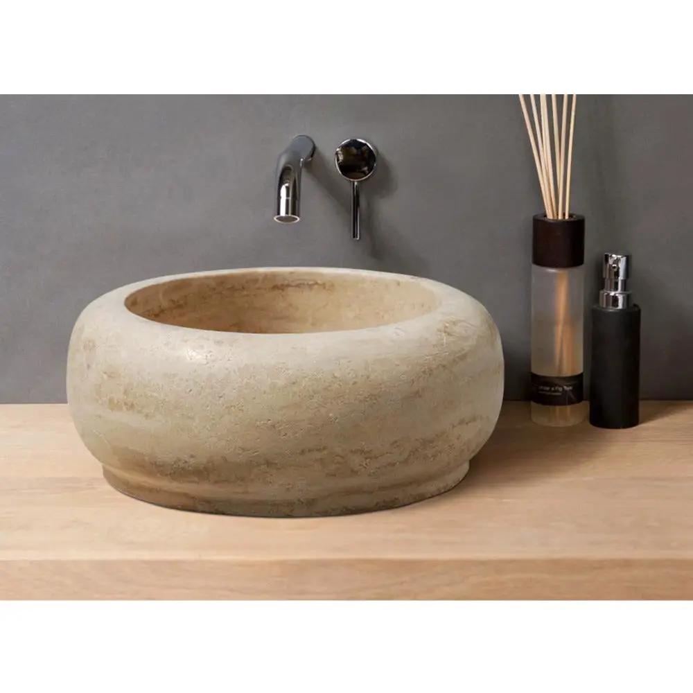 Light Travertine Natural Stone Round Vessel Sink 18x7 inches by GobekDesign