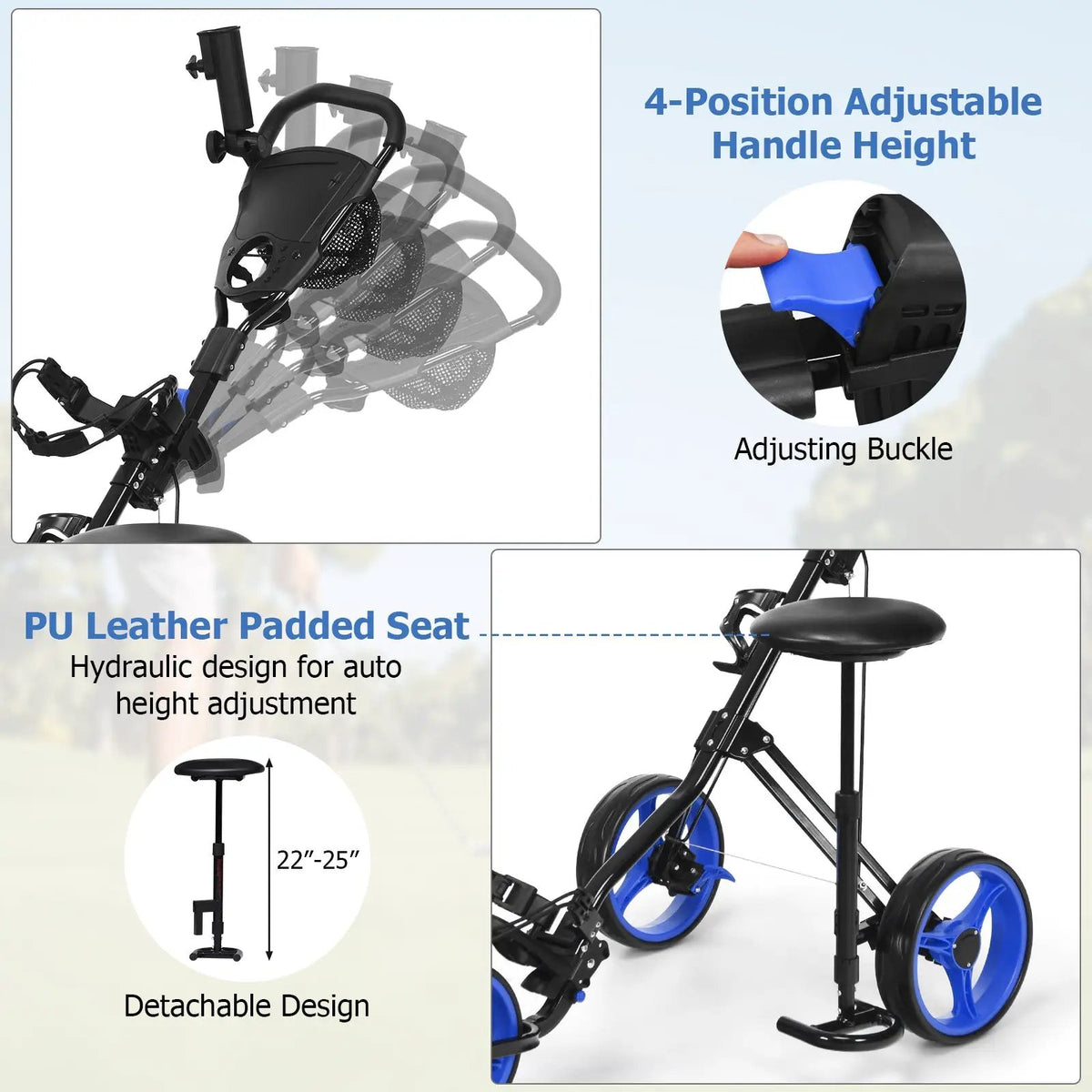 3 Wheels Push Pull Golf Trolley with Scoreboard Bag by DirectDeals