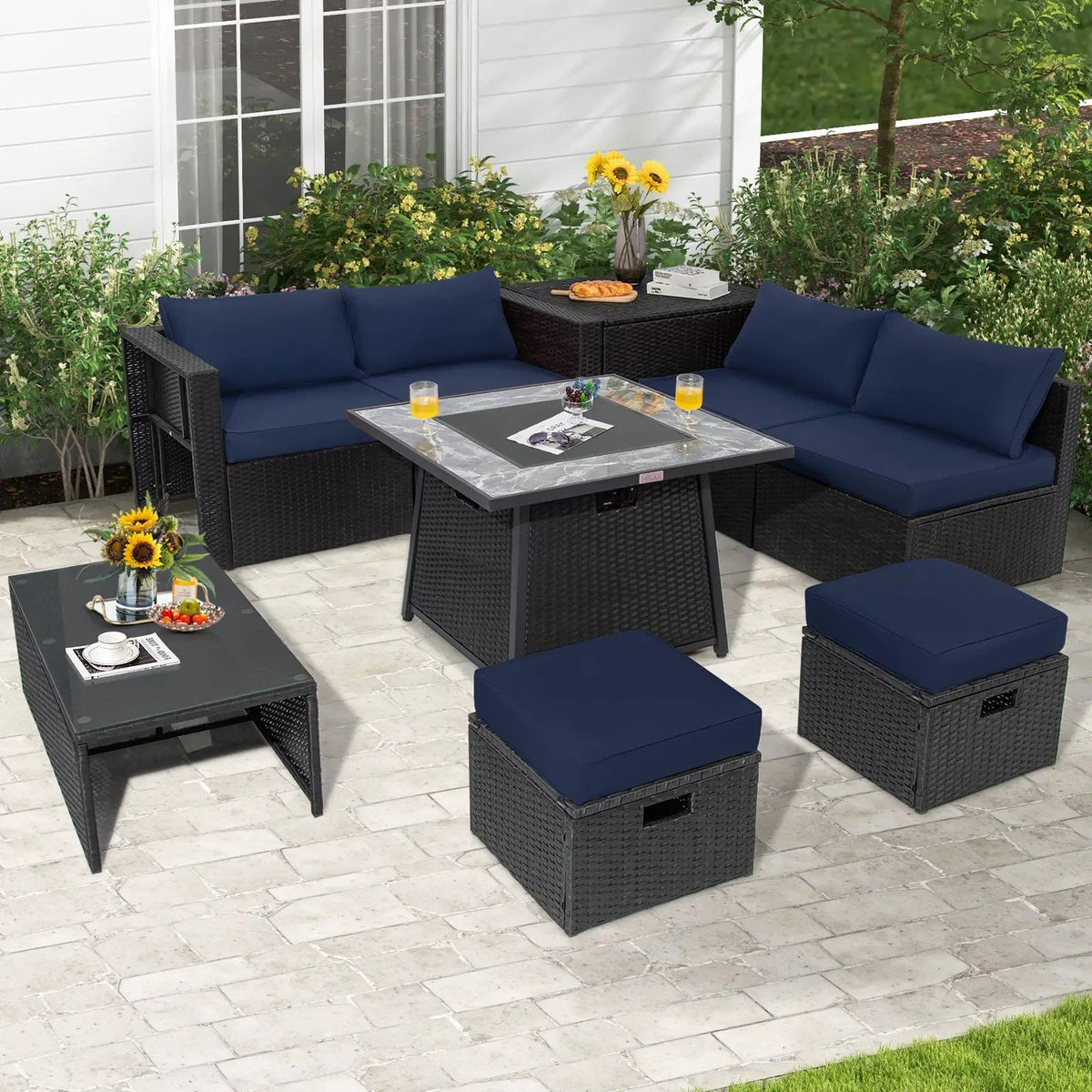 9 Pieces Outdoor Wicker Sectional with 35 Inch Gas Fire Pit Table by DirectDeals