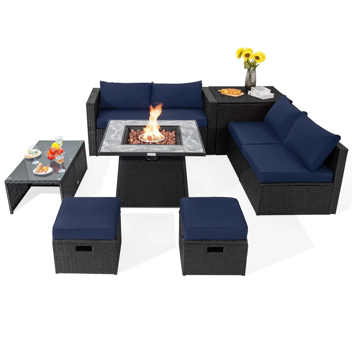 9 Pieces Outdoor Wicker Sectional with 35 Inch Gas Fire Pit Table by DirectDeals