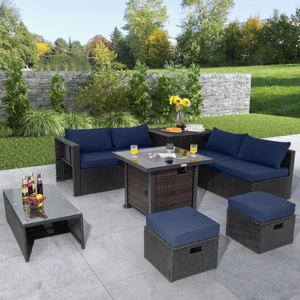 9 Pieces Patio Furniture Set with 32‚Äù Fire Pit Table and 50000 BTU Square Propane Fire Pit by DirectDeals