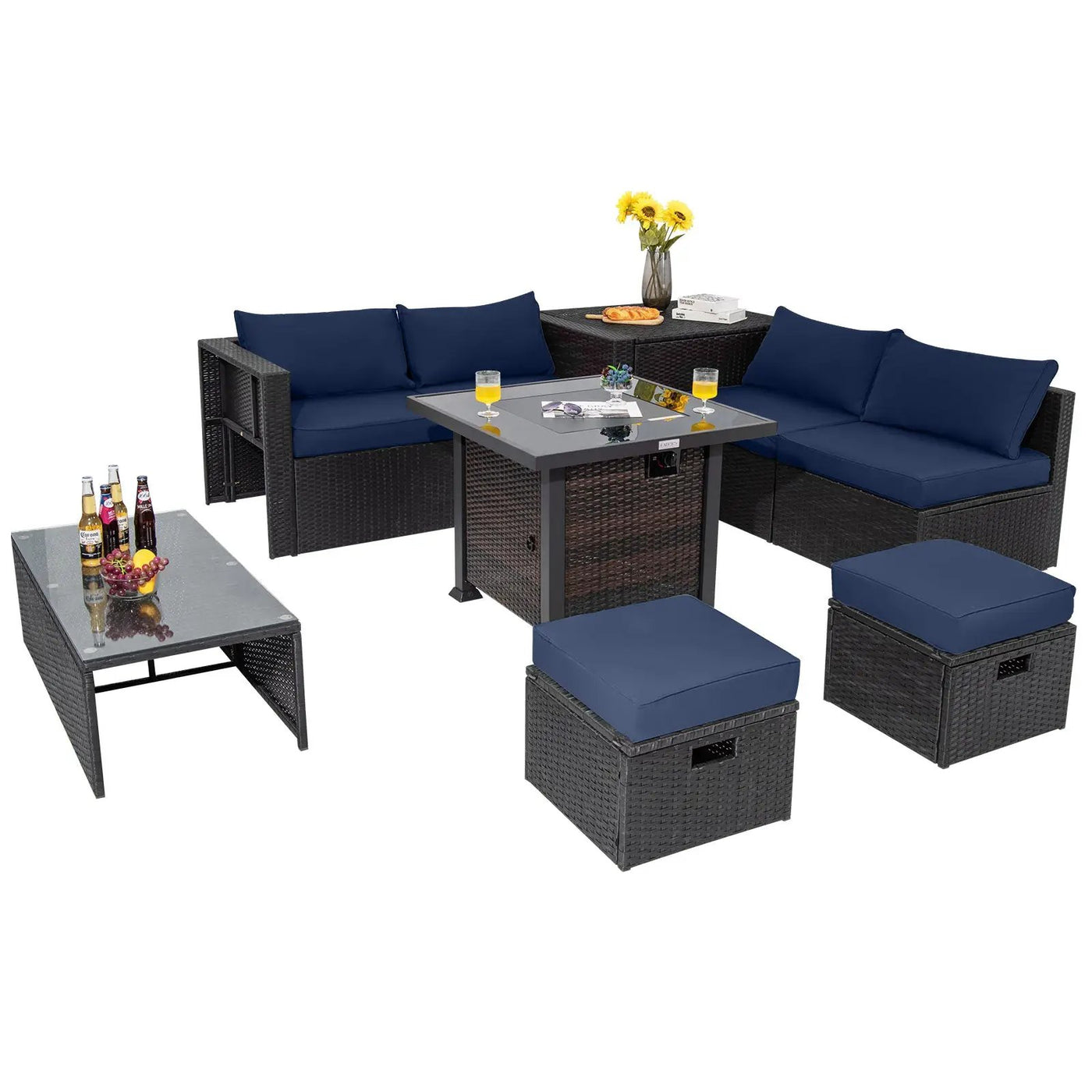 9 Pieces Patio Furniture Set with 32‚Äù Fire Pit Table and 50000 BTU Square Propane Fire Pit by DirectDeals