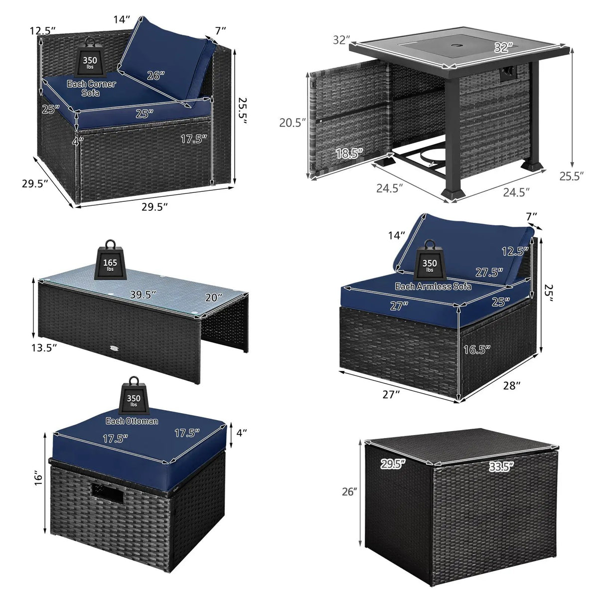 9 Pieces Patio Furniture Set with 32‚Äù Fire Pit Table and 50000 BTU Square Propane Fire Pit by DirectDeals