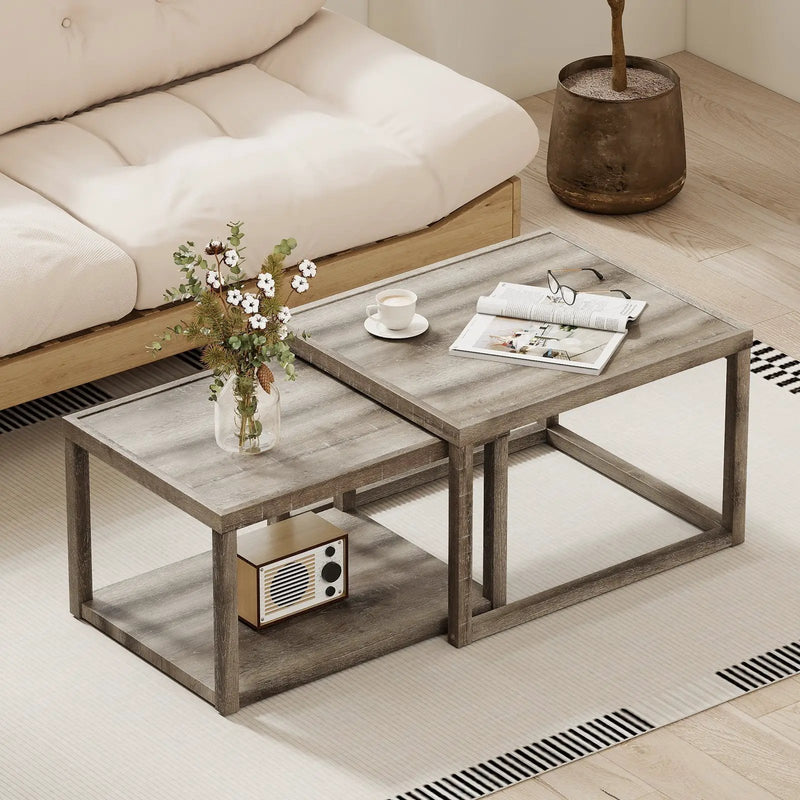 Nesting Coffee Table Set of 2 Stackable Rectangular End Tables-Gray by DirectDeals